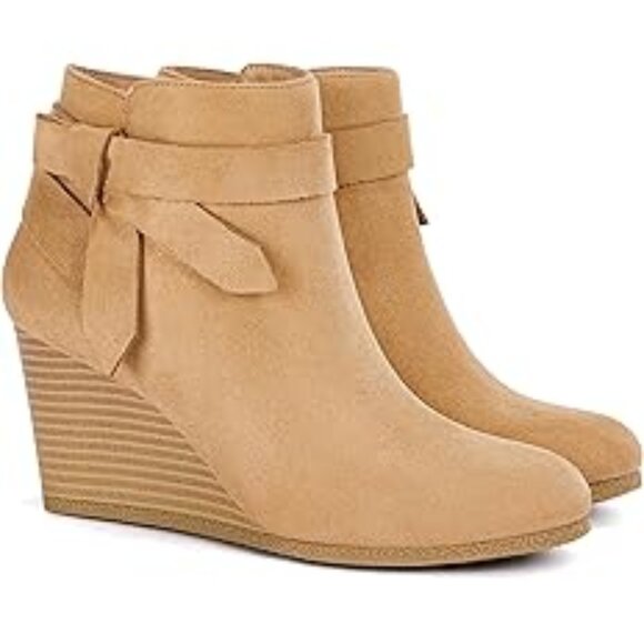 Womens Wedge Booties Fall Ankle Boots Tie Knot Stacked Heeled Side Zipper-Brown - Picture 3 of 5